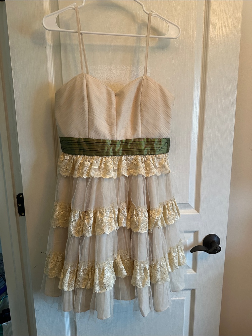 ModCloth Cream Lace Tiered Party Dress with Green Sash